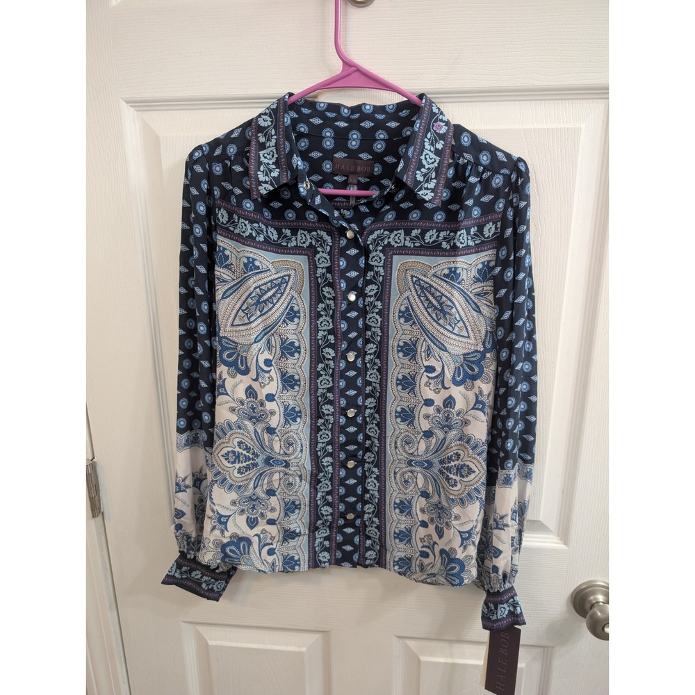 Hale Bob Silk Blouse Navy Blue New Paisley Button‎ Down Top NWT - Size XS